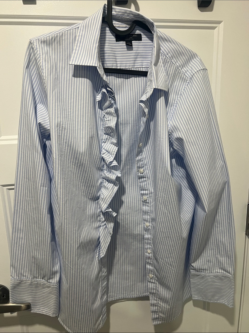 Banana Republic Light Blue and White Striped Ruffle Dress Shirt